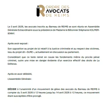 MOUVEMENT DE GREVE DU BARREAU DE REIMS - 03 AVRIL 2026