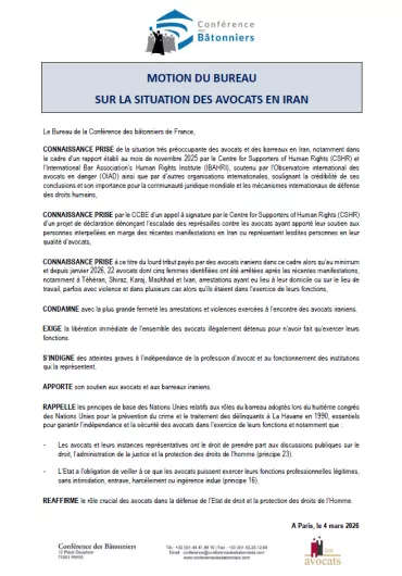 Motion de soutien de la Conférence des Bâtonniers sur la situation des avocats en Iran